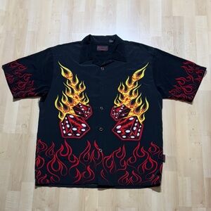 Men's Black Shirt with Red and Yellow Flame Dice Design